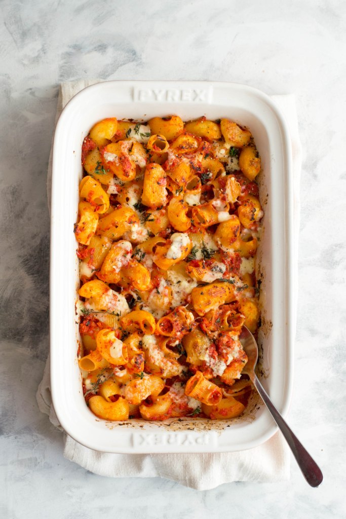 Baked pasta made with leftovers from lunch