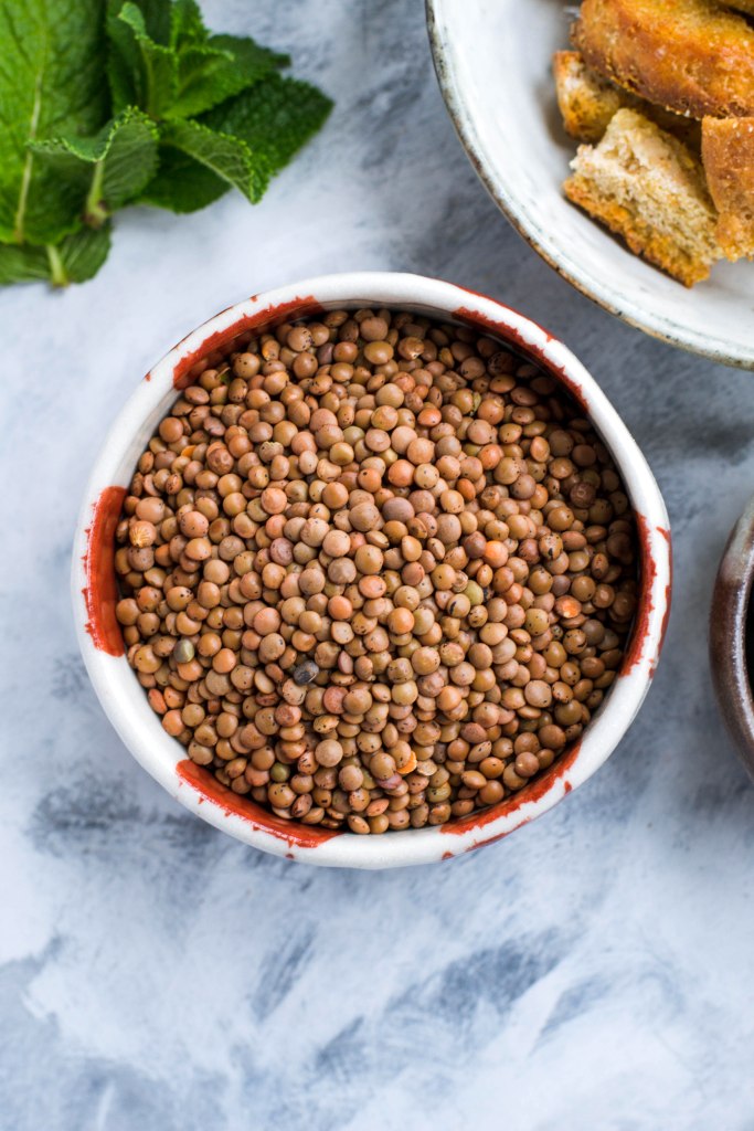 Lentil salad with blueberries, feta, and homemade bread croutons