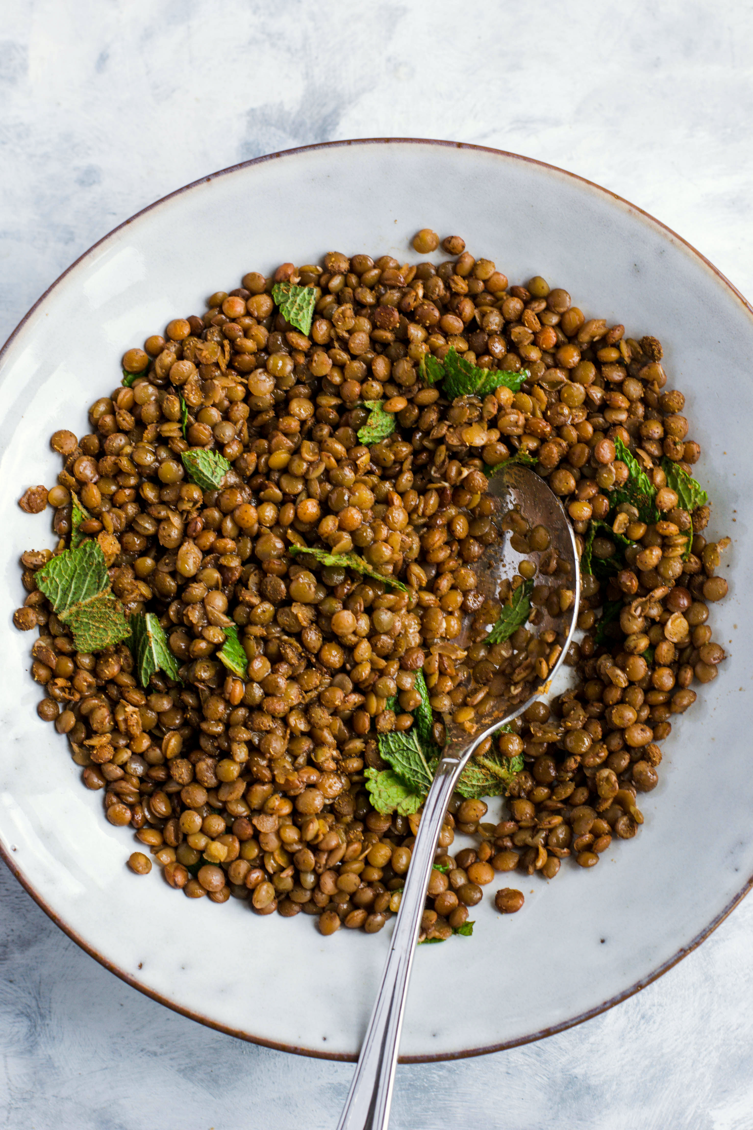 Lentil salad with blueberries, feta, and homemade bread croutons