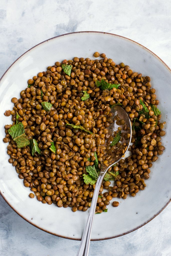 Lentil salad with blueberries, feta, and homemade bread croutons