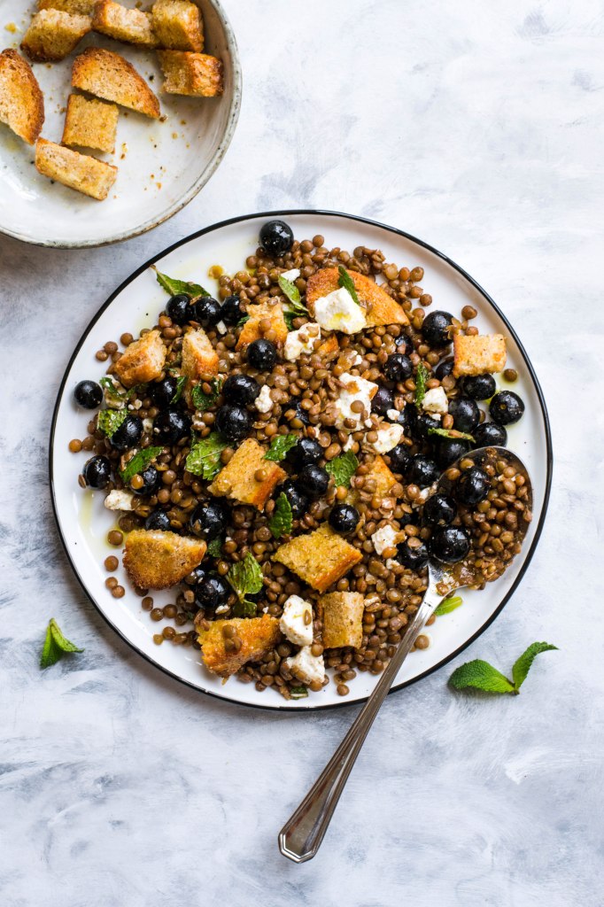 Lentil salad with blueberries, feta, and homemade bread croutons