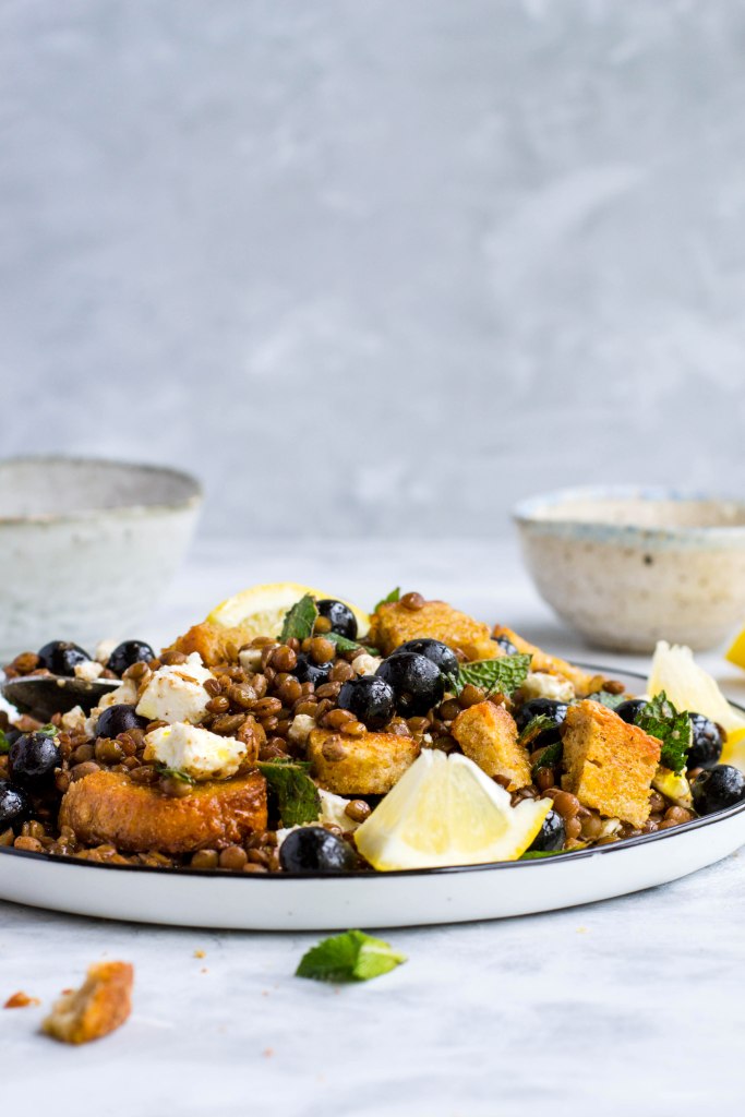 Lentil salad with blueberries, feta, and homemade bread croutons