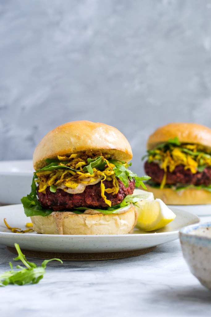 Lentil and beetroot veggie burgers (recipe and photos from amatterofnourishment.com)