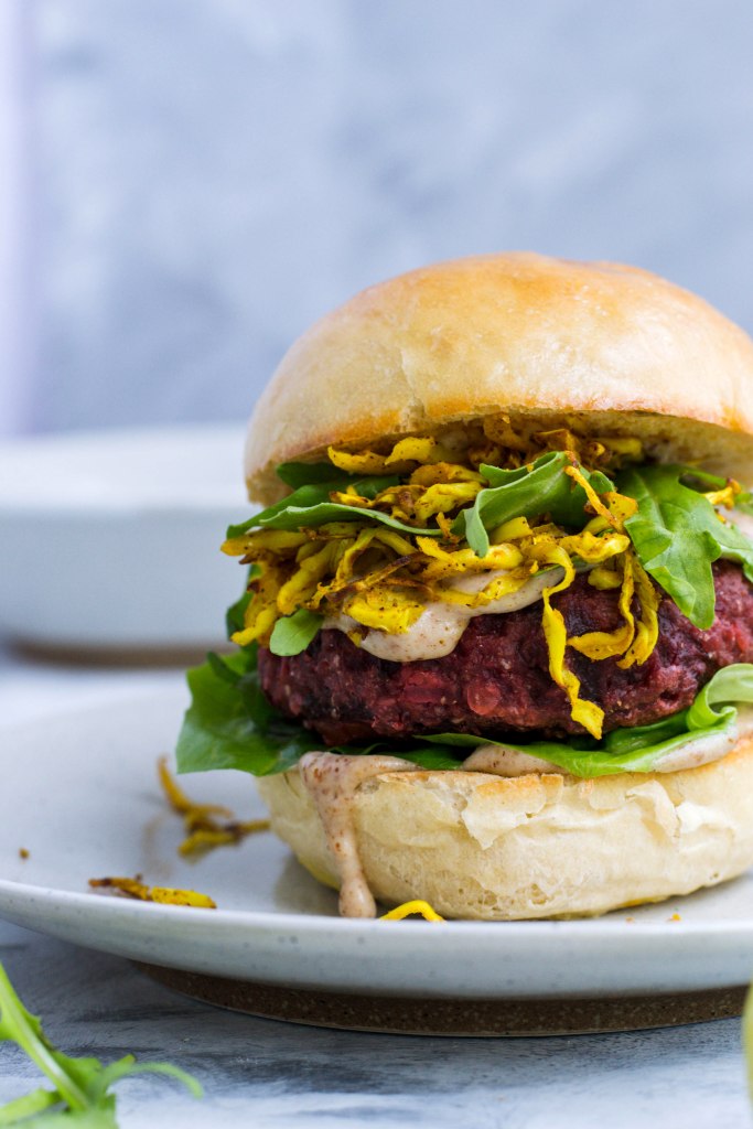 Lentil and beetroot veggie burgers (recipe and photos from amatterofnourishment.com)