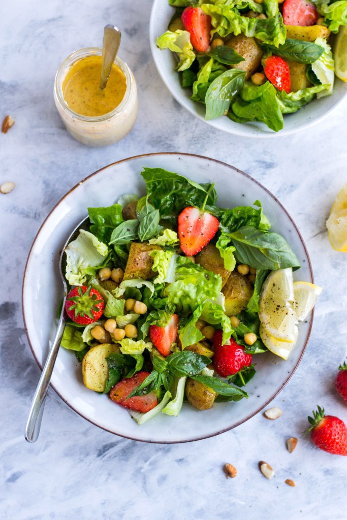 Potato, strawberry, and chickpea salad with the easiest nut butter dressing