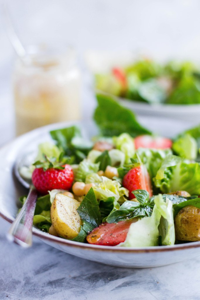 Potato, strawberry, and chickpea salad with the easiest nut butter dressing