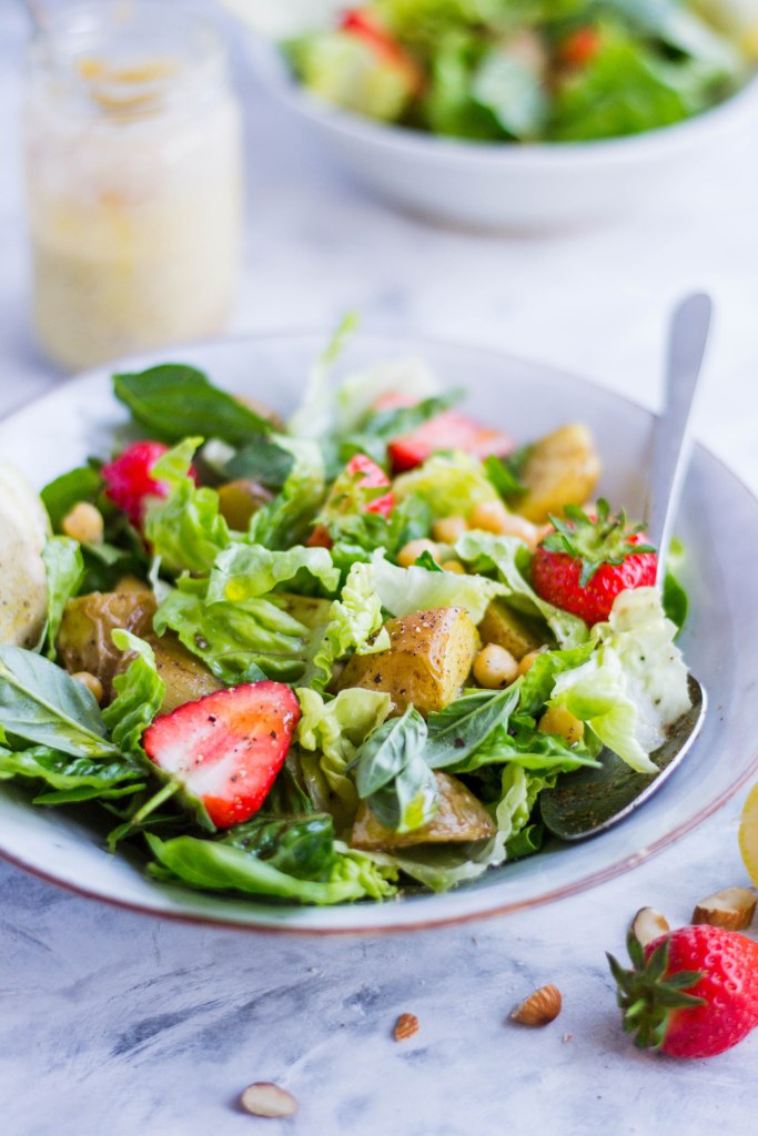 Potato, strawberry, and chickpea salad with the easiest nut butter dressing
