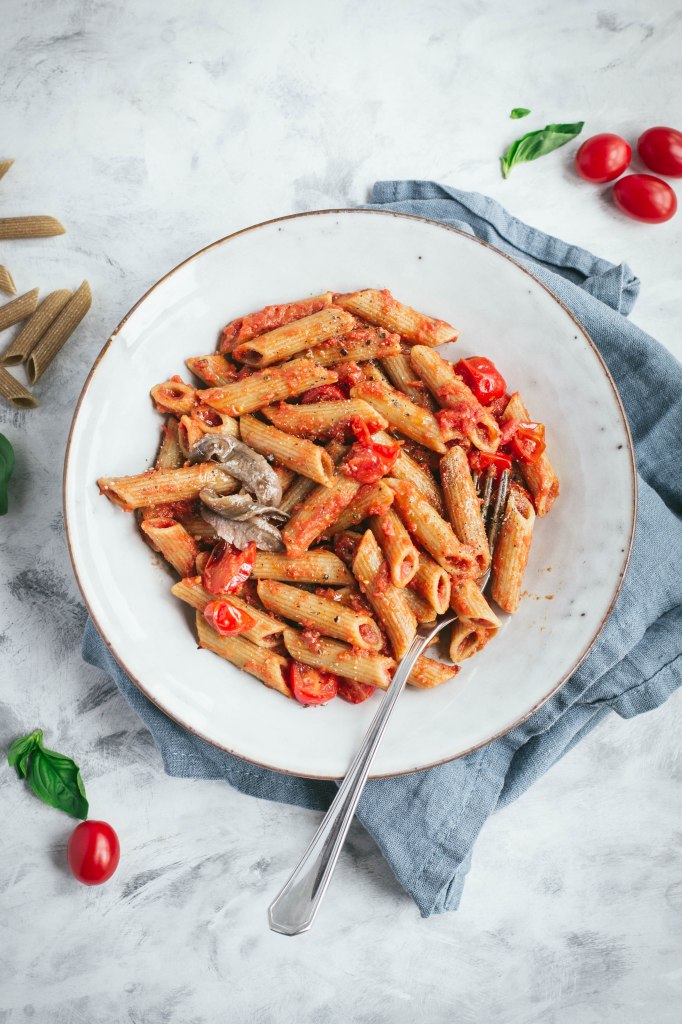 A delicious pasta sauce with tomato passata, fresh baby plum tomatoes, and anchovies. Ready in less than 10 minutes! Recipe on amatterofnourishment.com