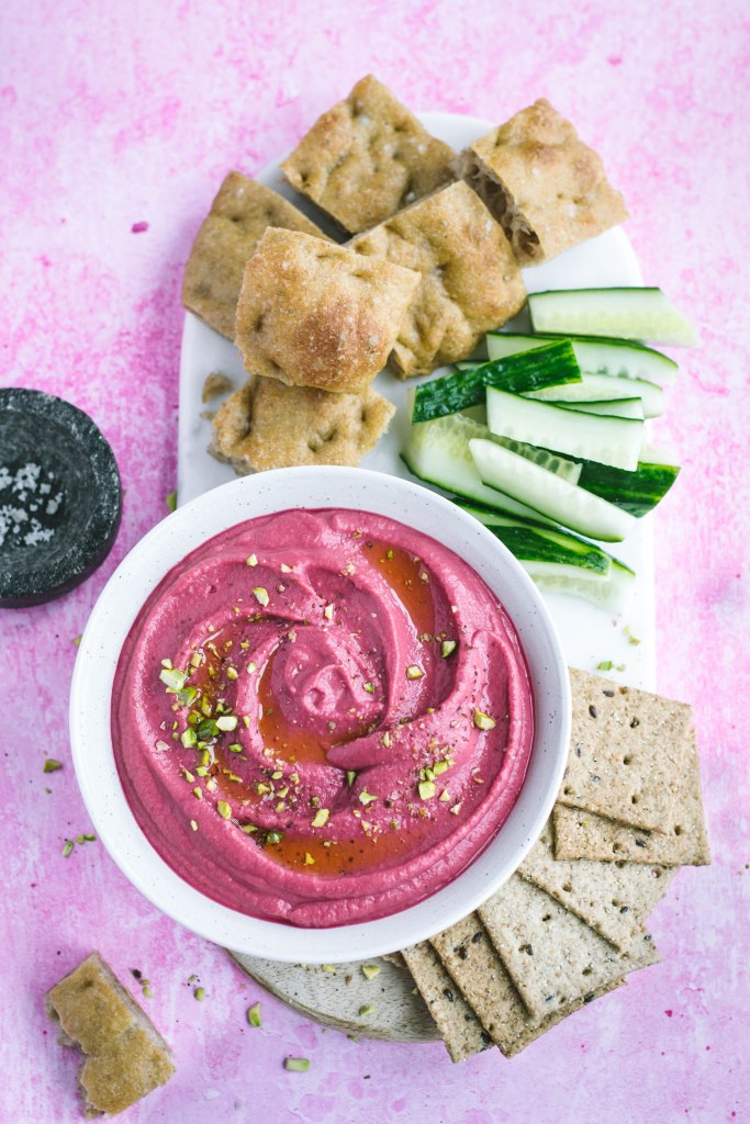 Snack platter with beetroot hummus