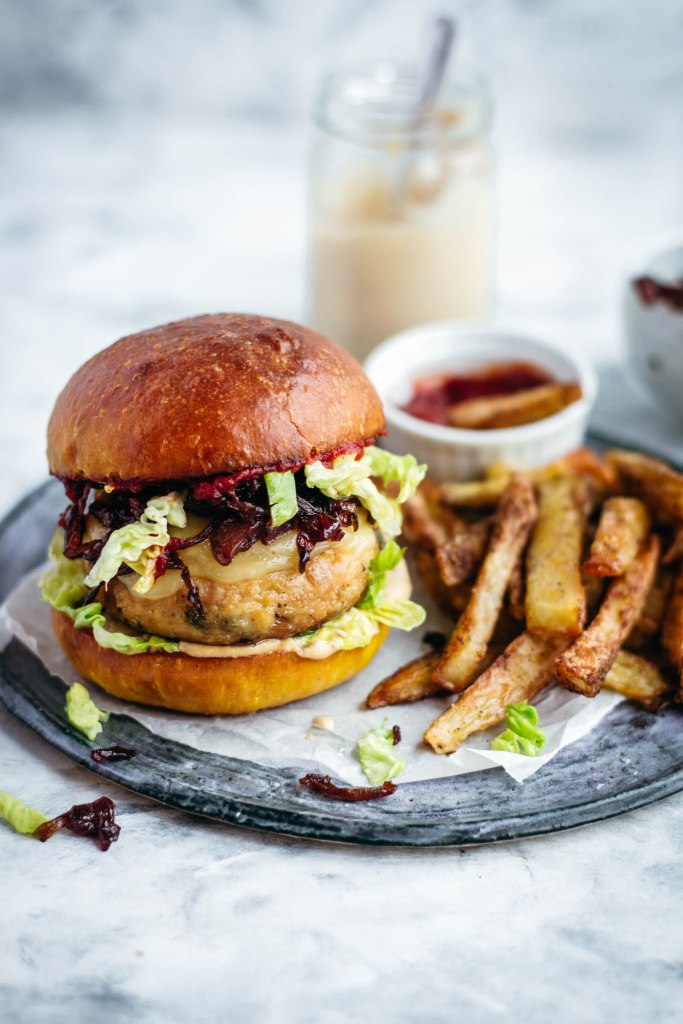 Easy tuna burgers with capers served in a soft brioche burger bun made with turmeric