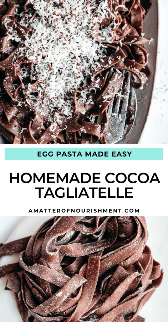 Fresh pasta is a labour of love and great pasta needs practice: these homemade cocoa tagliatelle are a wonderful way to step-up your pasta game pairing a very basic shape with cocoa powder and its characteristic flavours and colour. Delicious when served with melted cheese and spices, this fresh pasta with cocoa will definitely surprise you with its special taste.