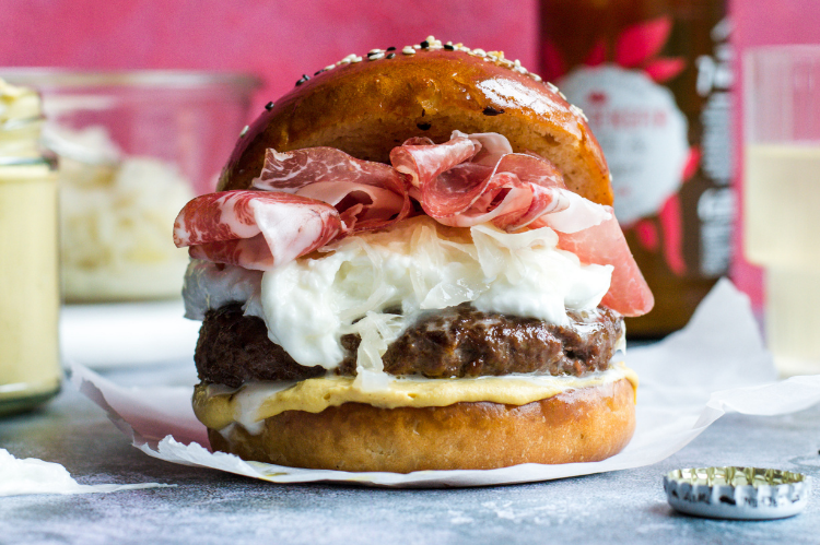 Burger on a pink background. Food photography and styling services in Ireland.