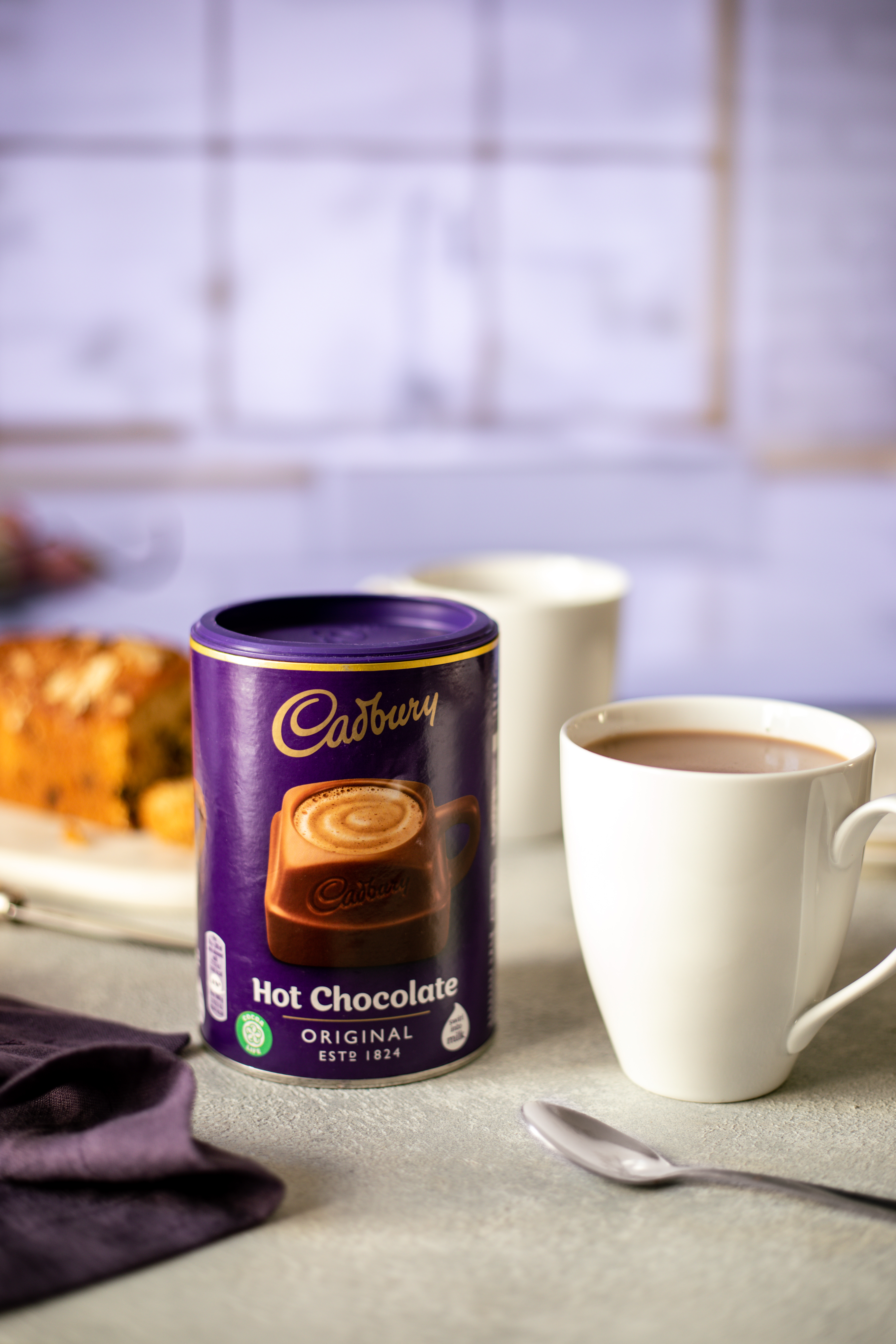 Cadbury hot chocolate on a kitchen counter