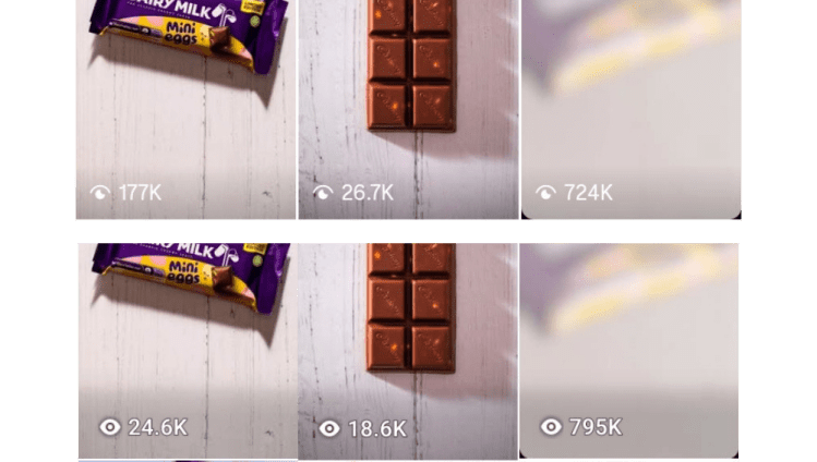 Instagram Reels analytics screenshot showing views for Cadbury Ireland Easter campaign — 177k, 26.7k, and 724k views on one platform and 24.6k, 18.6k, and 795k views on the other.